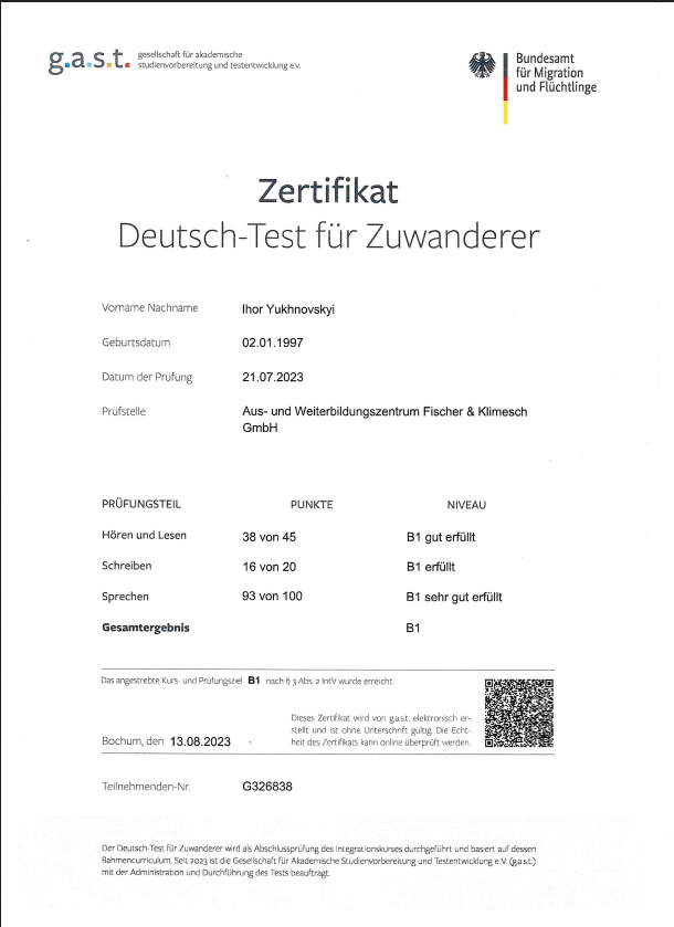 Deutsch B1 Zertifikat